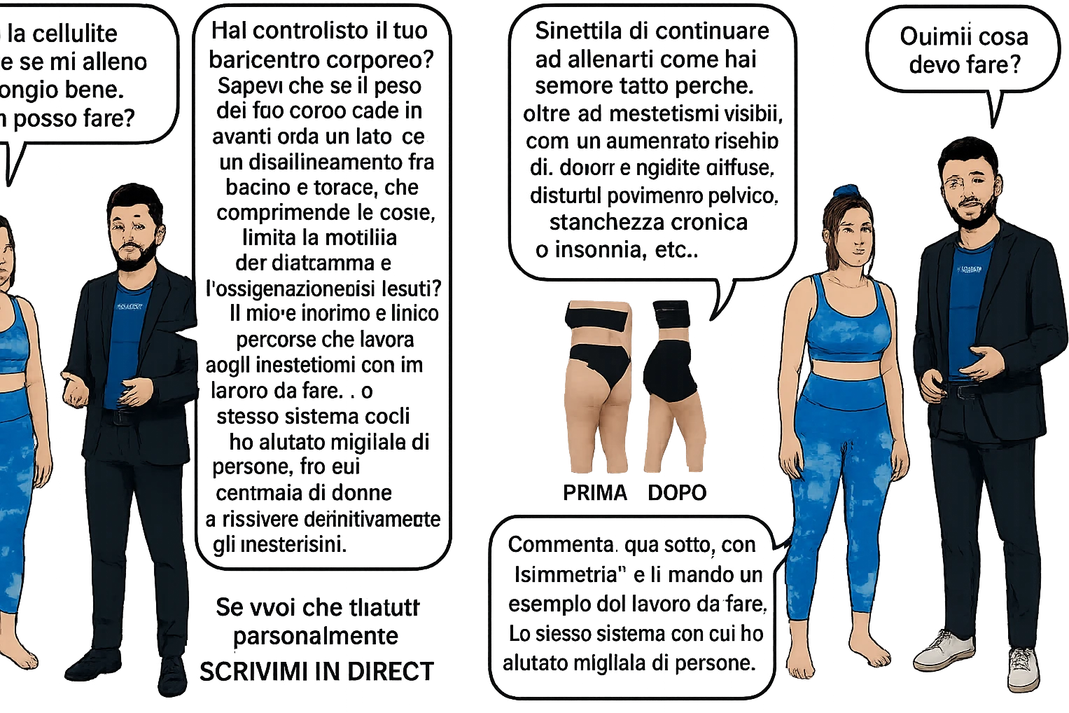 TRASFORMA QUESTO CAROSELLO IN UN FUMETTO CON QUESTE DUE PERSONE IDENTICHE CHE INTERLOQUISCONO TRA LORO:

Ho la cellulite anche se mi alleno e mangio bene, cosa posso fare?

Hai controllato il tuo baricentro corporeo?
Sapevi che se il peso del tuo corpo cade in avanti o da un lato, c’è un disallineamento fra bacino e torace, che comprimendo le coste, limita la motilità del diaframma e l’ossigenazione dei tessuti?
Il mio è il primo e unico percorso che lavora sugli inestetismi con un lavoro mirato sul baricentro corporeo.

Smettila di continuare ad allenarti come hai sempre fatto perché, oltre ad inestetismi visibili, corri un aumentato rischio di:
    • dolori e rigidità diffuse
    • disturbi pavimento pelvico
    • stanchezza cronica o insonnia
    • pancia gonfia e reflusso (bruciore)
    • etc…


Quindi cosa devo fare?
Commenta, qua sotto, con “simmetria” e ti mando un esempio del lavoro da fare. Lo stesso sistema con cui ho aiutato migliaia di persone, fra cui centinaia di donne a risolvere definitivamente gli inestetismi.
Metterei il prima e dopo

Se vuoi che ti aiuti personalmente
SCRIVIMI IN DIRECT emoji
