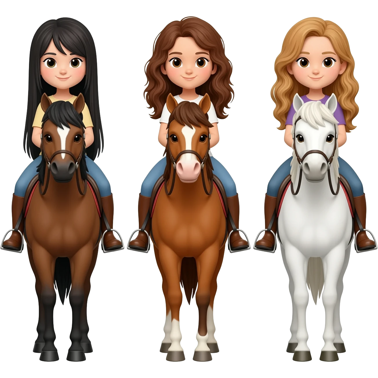 Three horses white bay and sorrel with three riders on the bay horse a girl with dark straight hair on the sorrel horse a girl with wavy brown hair and on the white horse a girl with sandy hair emoji