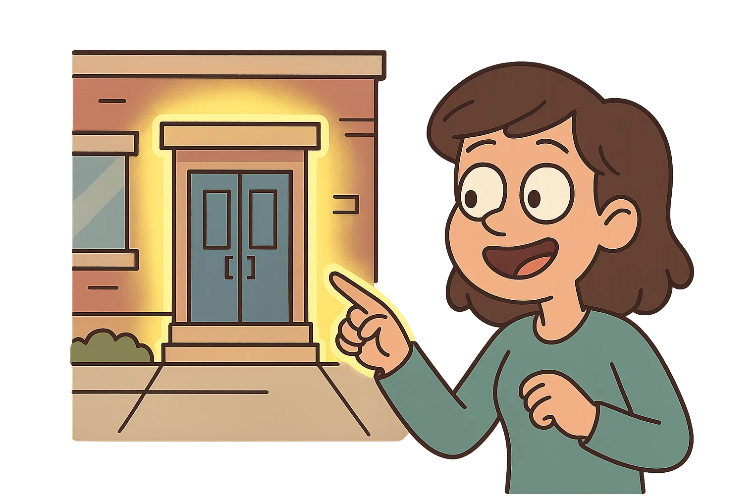 icon symbolizing '입구 위치가 눈에 잘 띄었어요' with a building entrance with glowing outline or highlight, making it stand out, simple flat design emoji