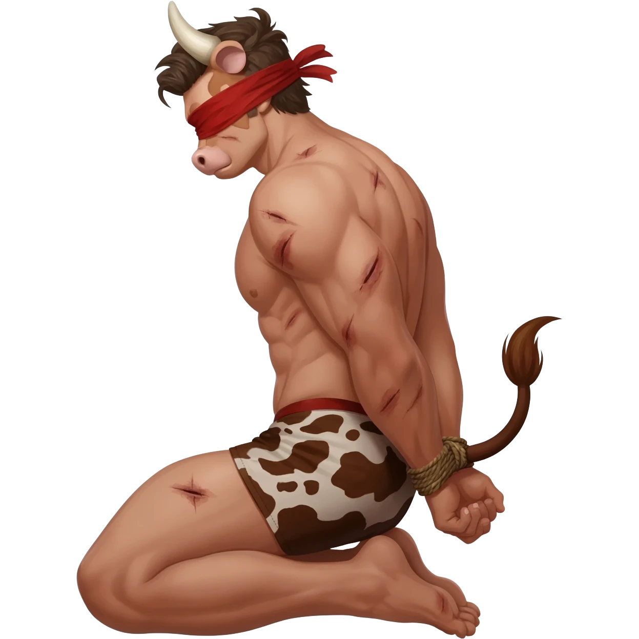 handsome extra large muscular man covered with scars with large breasts with bull horns and cow ears and bull tail with red blindfold dressed in thongs with brown cow print sits on his knees with hands tied behind the bback side view emoji