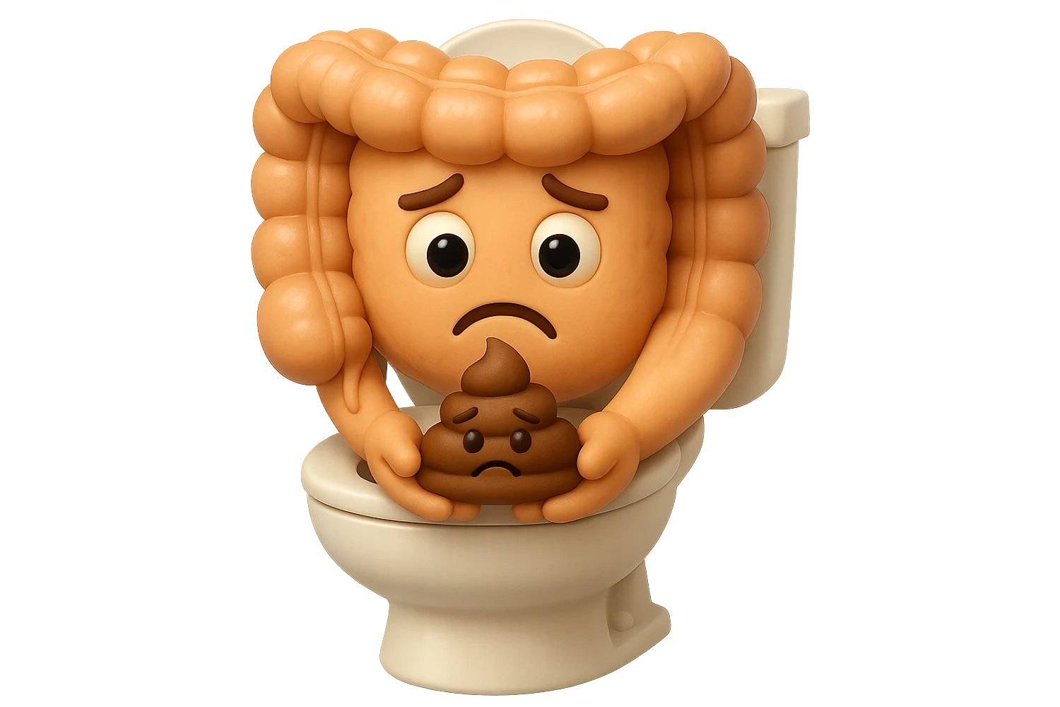 emoji stile iphone di un intestino realistico 3d che esce dal wc con in mano una montagnetta di feci con espressione triste a palline, iperrealistico 4k emoji