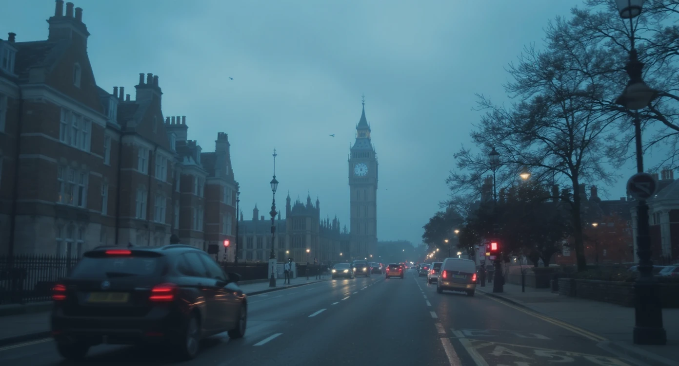 Cinematic shot of a london street, cloudy foggy day, soft light, leading lines to big ben in distance, multi composition, in foreground blurred car, on second street around UK bulding, od another plan in distance big ben, birds flying, artistic look, captured on arri alexa 35, color graded blue hour emoji