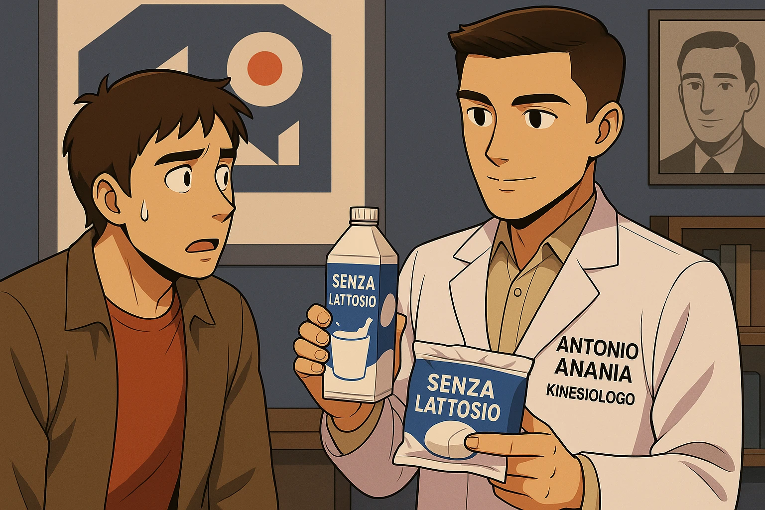 fai un webtoon manga a colori con questo stile, in cui un uomo ASCOLTA Il kinesiologo con il camice bianco (fagli anche la scritta "ANTONIO ANANIA" SUL CAMICE, IL KINESIOLOGO SPIEGA ALL'UOMO UNA MOSTRANDO VARI PRODOTTI DA SUPERMERCATO CONFEZIONATI (TIPO SCATOLA DI LATTE SENZA LATTOSIO, MOZZARELLA SENZA LATTOSIO), OGNI CONFEZIONE HA LA SCRITTA "SENZA LATTOSIO SULL'ETICHETTA. L'UOMO OSSERVA IL KINESIOLOGO CON ESPRESSIONE CONFUSA IN VOLTO. non fare i fumetti però, fai solo in modo che sembri stiano parlando emoji