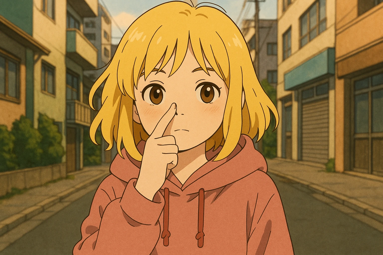 A girl yellow hair brown eyes pink Urban Heavy Loose Fit Hood Sweat touch your nose  emoji