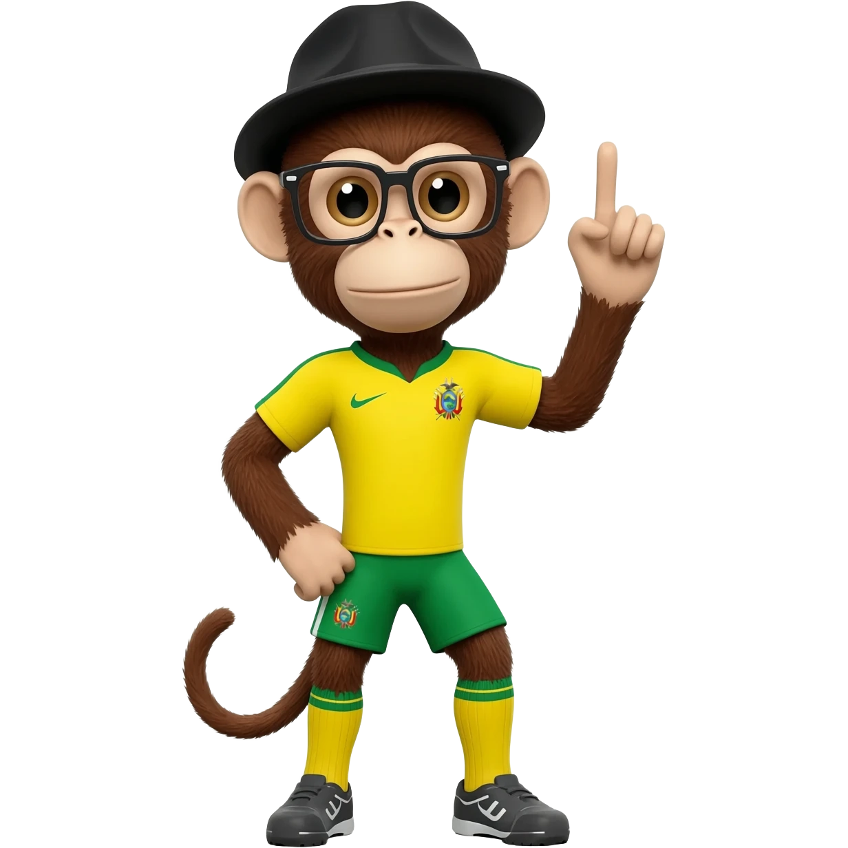 Un mono con gestos humanos con uniforme de la selección de futbol de BOLIVIA con lentes de aumento cuadrados y gorra negra emoji
