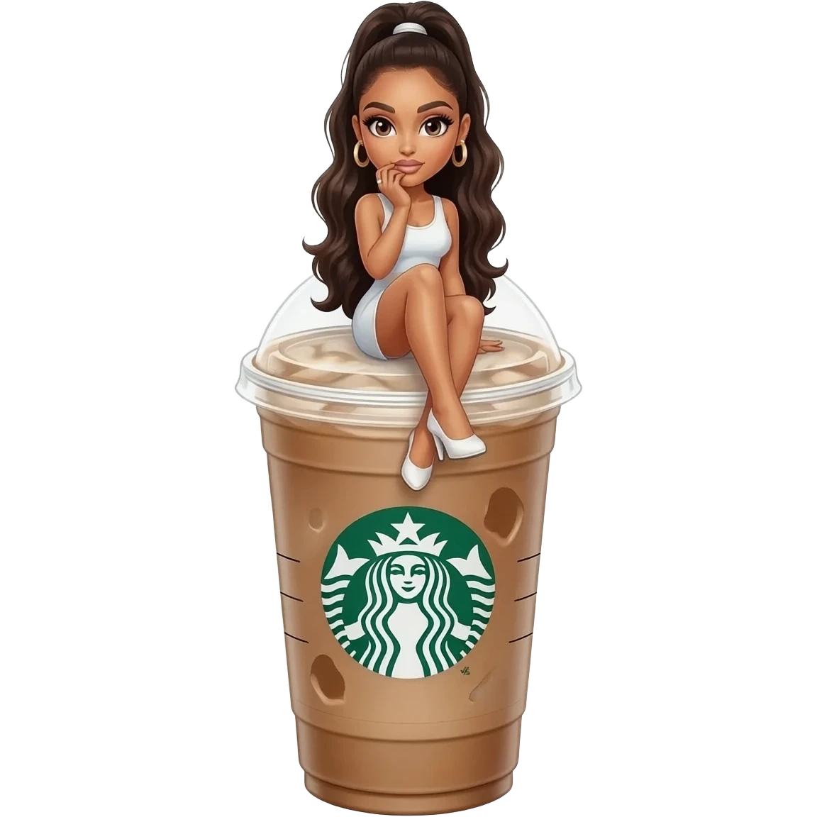 a Starbucks Americano with ice, Ariana Grande is sitting on top of the cup emoji