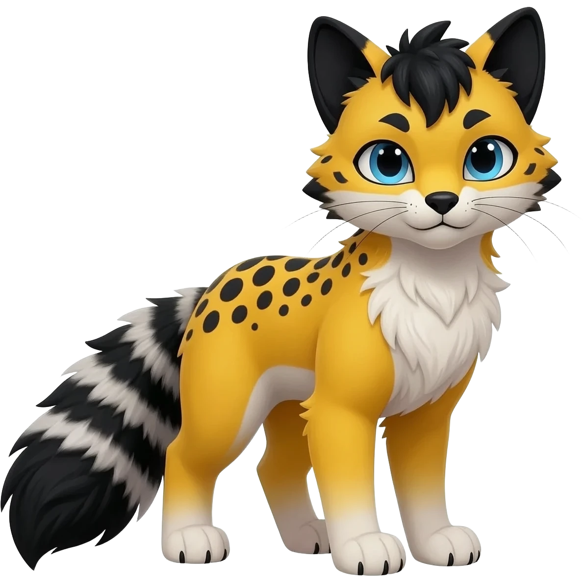Edgy cool beautiful elegant spotted hype-realistic, black-maned, vibrant yellow Genet-Serval-Sergal-Margay-Fox-fusion-hybrid-furry-fursona, black scruffy mane on back, long muzzle snout, full body, with a long puffy fluffy black-and-white-striped tail, black long big ears, with natural blue eyes emoji