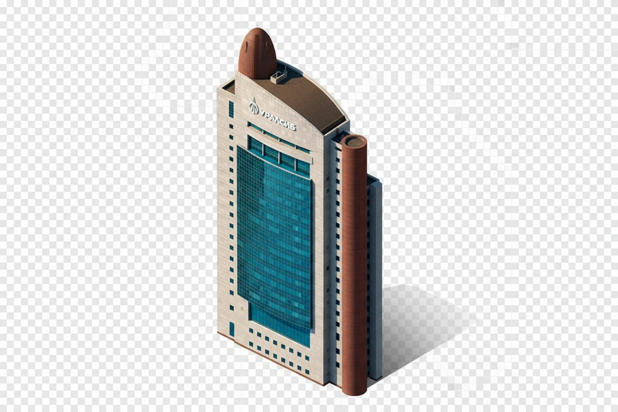 Изометричная, яркая, детализированная, объемная и фотореалистичная иллюстрация одной башни банк "Уралсиб" в Уфе. Чёткие контуры, не размазанные линии, высокое качество, прозрачный фон, не обрезать края картинки emoji