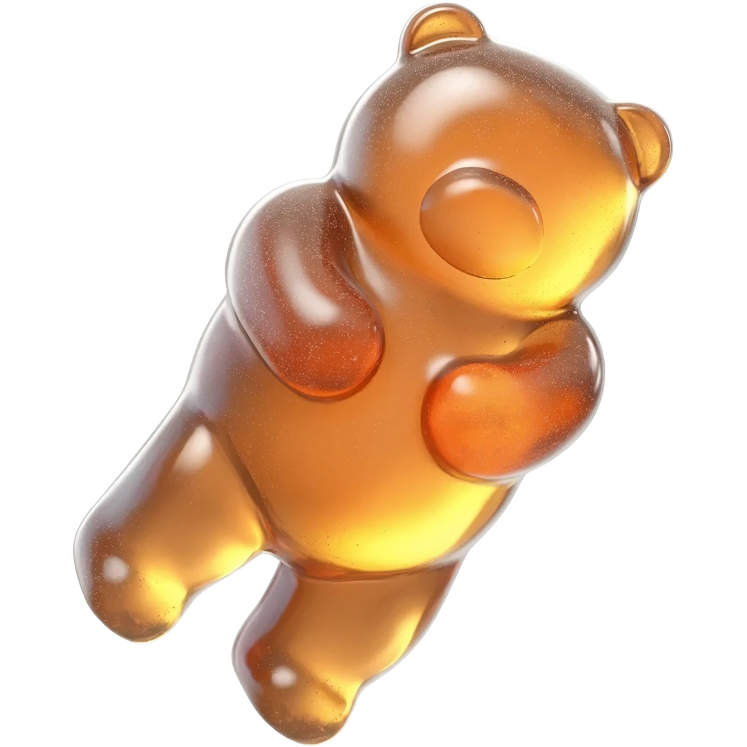 hyper-realistic 3D rendering of a translucent, glistening holographic glitter gummy bear mid-bounce, its plump body captured in dynamic motion as if frozen in time. The candy's surface refracts light like real gelatin, with sticky highlights gleaming along its curved edges and subtle sugar granules  emoji
