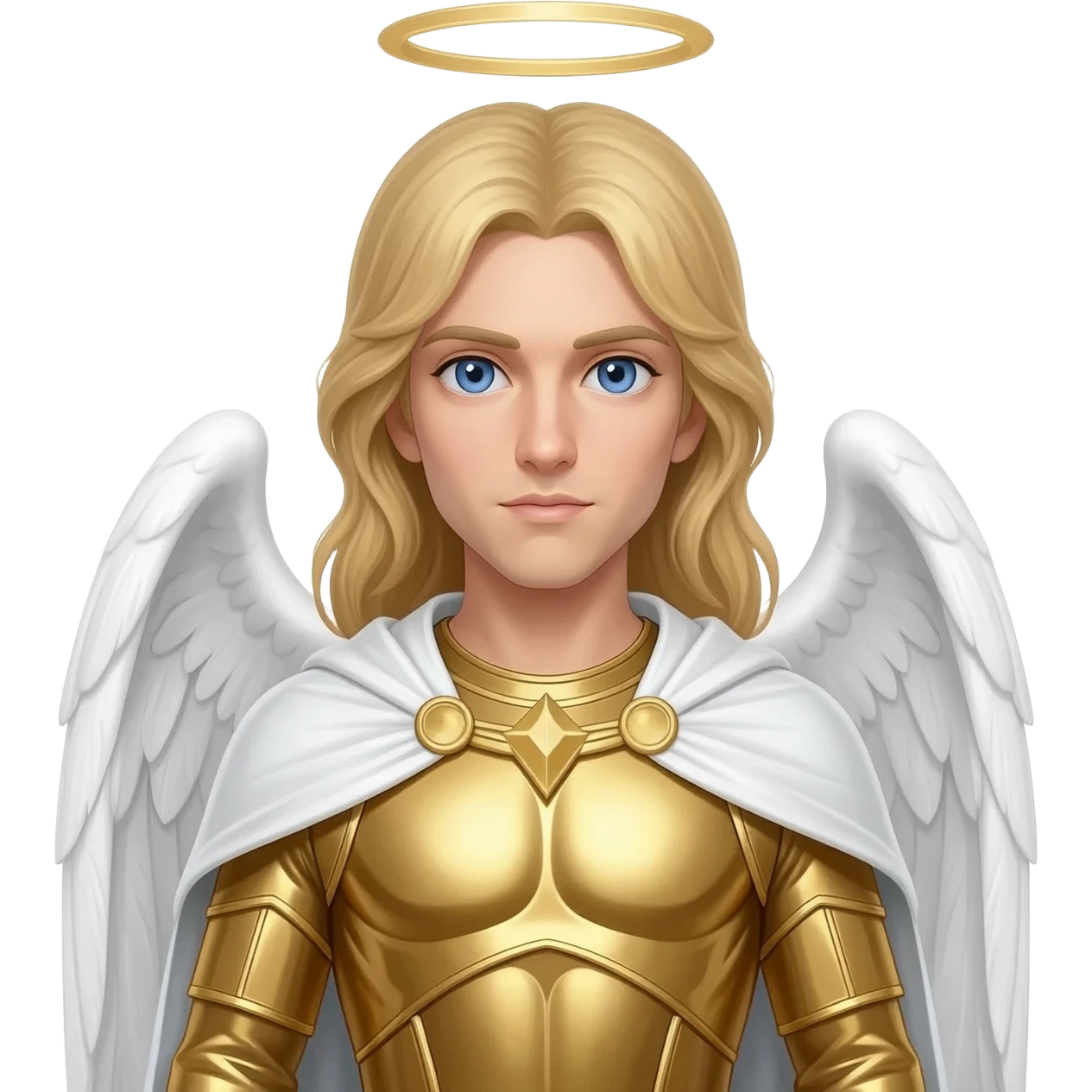Archangel Michael from Christian Mythology with blue eyes, long blonde hair, gold metallic tunic, white metallic cloak emoji