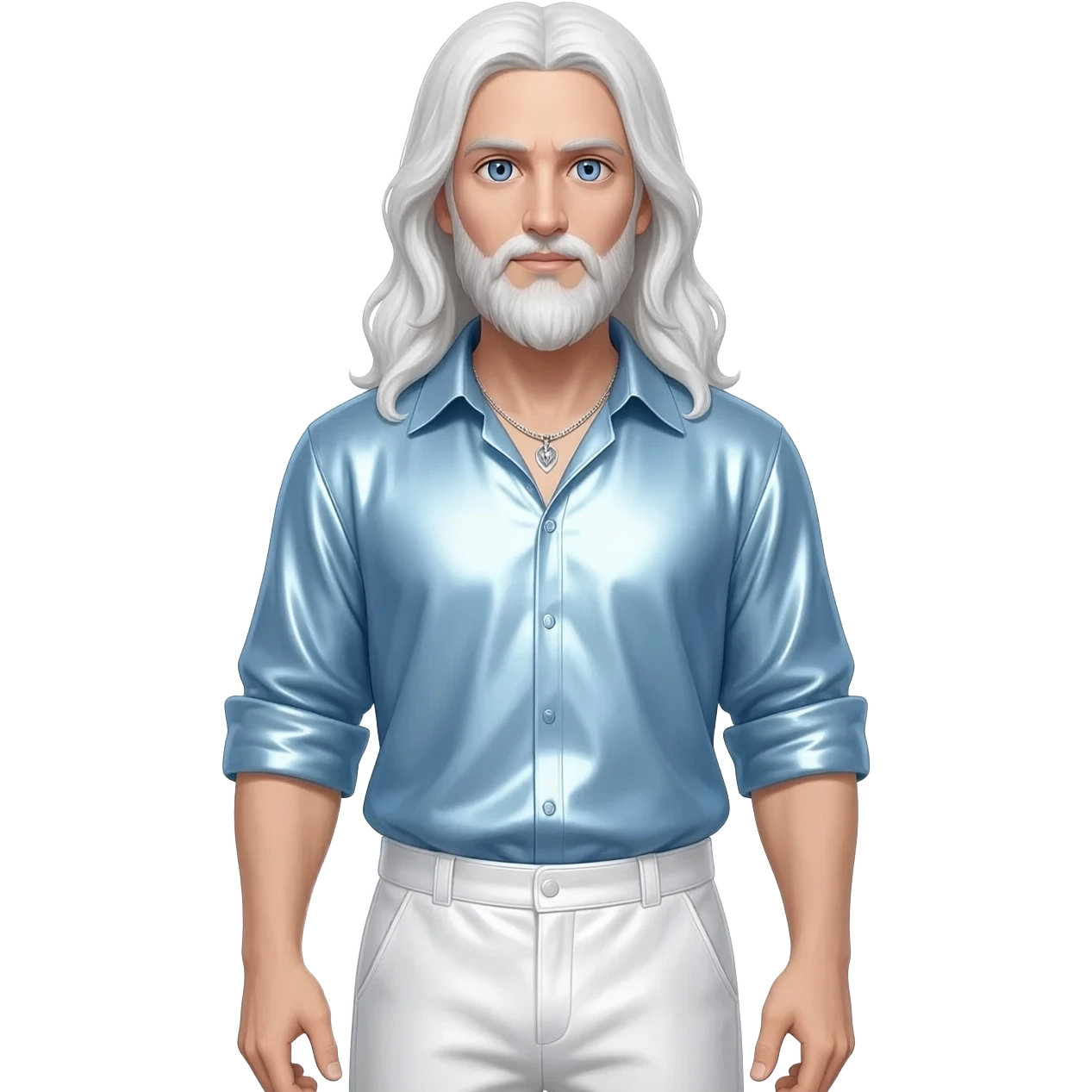 God the Father from Christian Mythology with blue eyes, long white hair, light blue metallic shirt, white metallic baggy pants, silver necklace emoji