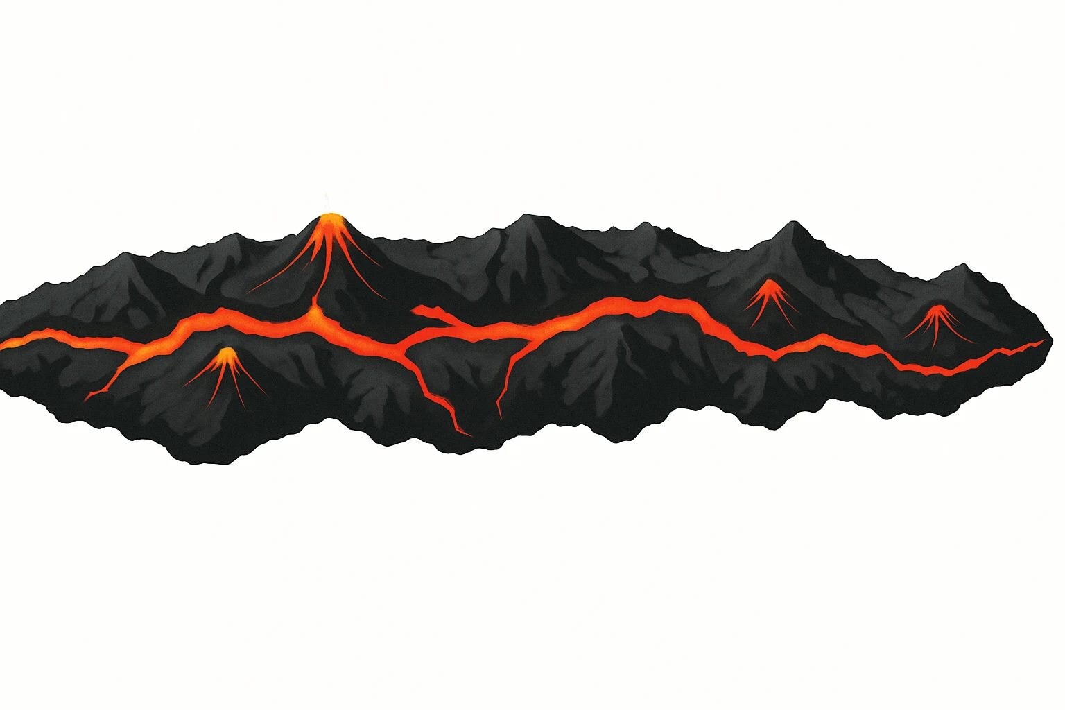 Top-down orthographic view (strictly from above) of a volcanic mountain belt strip designed as a map overlay. A long curved ridge line made of dark rocky mountains, with several small volcano cones along the strip. Bright red-orange lava cracks and glowing magma seams running through the ridge, symbolizing a tectonic plate boundary and magma being pushed upward. Clean infographic style, sharp silhouette, high contrast, minimal details, no perspective, no depth tilt, no horizon. Isolated single object centered on a pure white background (#FFFFFF). No text, no labels, no watermark. 4K, wide horizontal banner composition. emoji