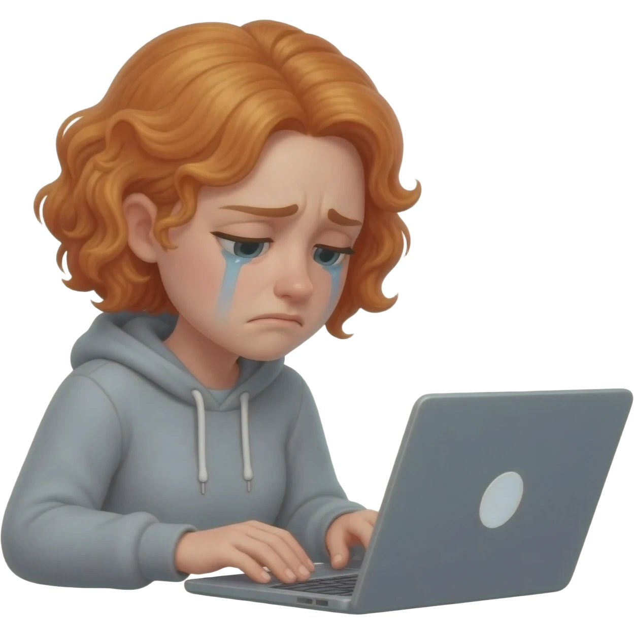 ginger-haired woman looking depressed and frustrated behind a laptop emoji