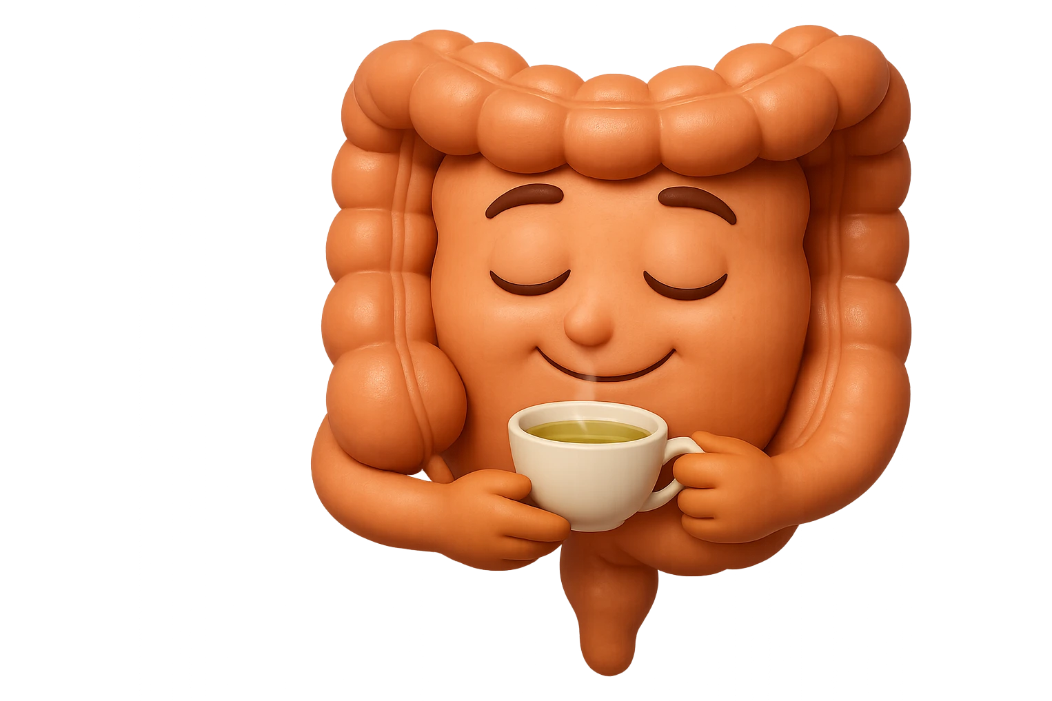 emoji stile iphone 3d di intestino umano sereno che si tocca la pancia mentre sorseggia un thè alle erbe, iperrealistico 4k emoji