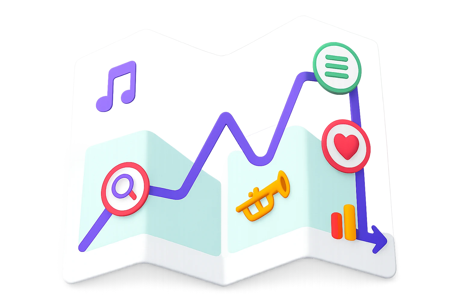 Create a fresh, modern paper map emoji in the style of Apple emojis, unfolded to show the attached digital roadmap drawing inside with a purple path and icons. The map symbolizes a musician's journey, colorful and clean with a transparent background. No city map elements, no antique or parchment style, and no text. emoji