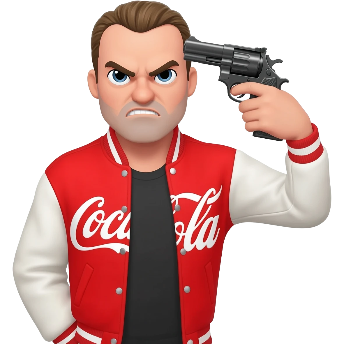 grumpy coca-cola guy with a gun on the head emoji