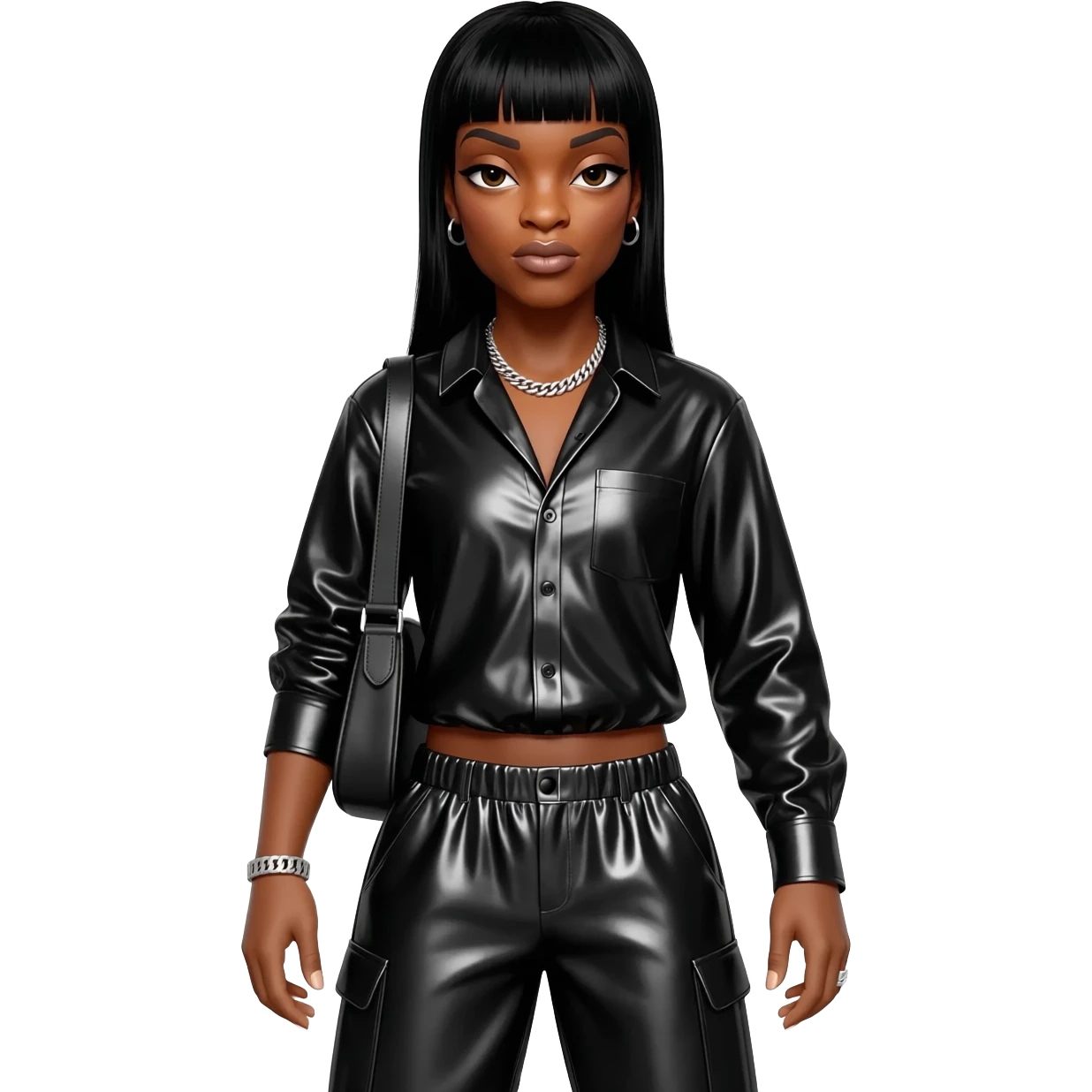 Missy Elliott with black hair, black metallic shirt, black metallic baggy pants, silver necklace emoji