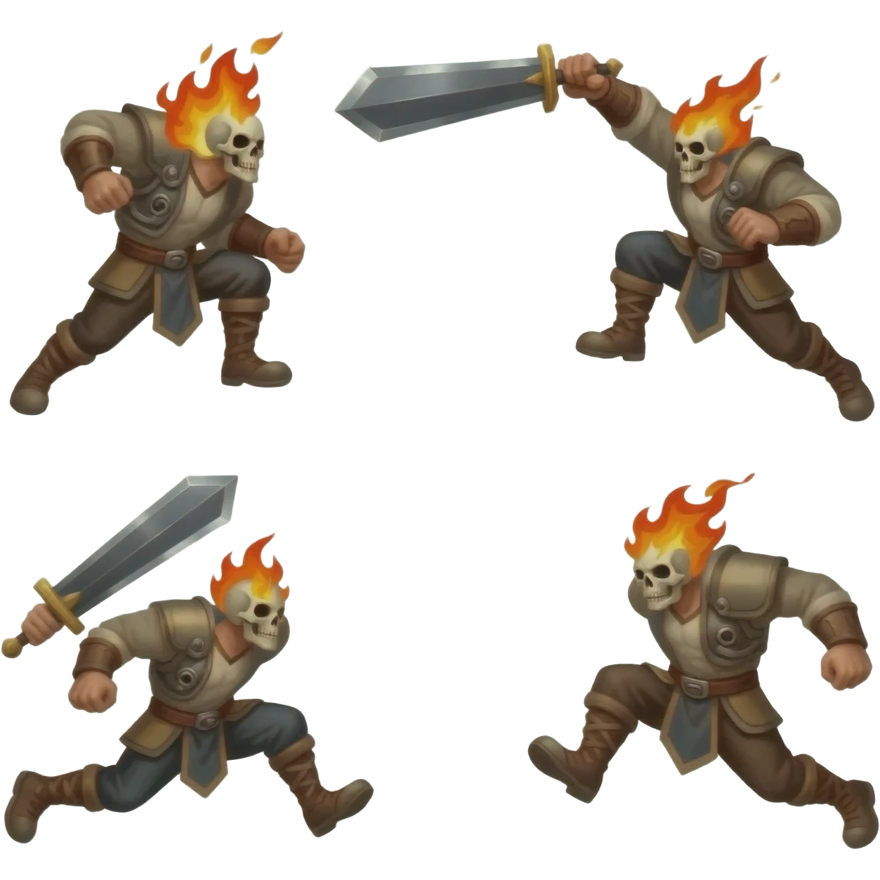 A sprite sheet of a man with a burning skull head and a large sword running, show all 4 stages of him running with no back ground, show the 4 stages of him running in a row, with changing arm and leg positions for each stage of running emoji