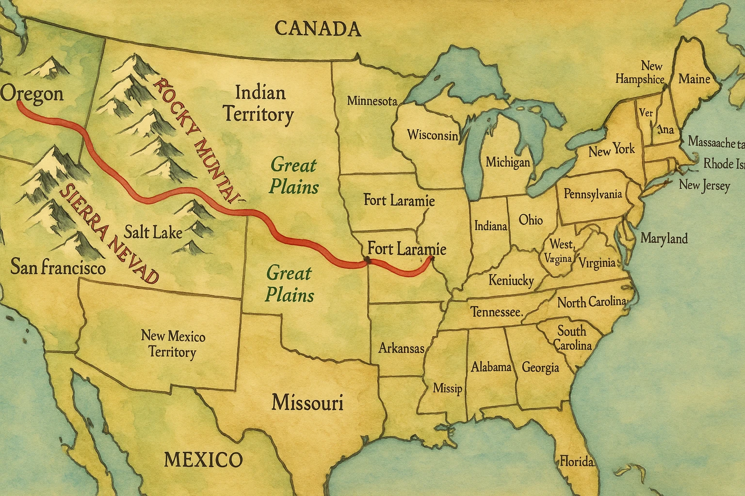 Make an exact copy of this map with the red route like which should be labelled Oregon Trail. Pay attention to the labels of Rocky Mountains, Sierra Nevada, Oregon, Portland, Independence and Missouri. Include all other labels emoji