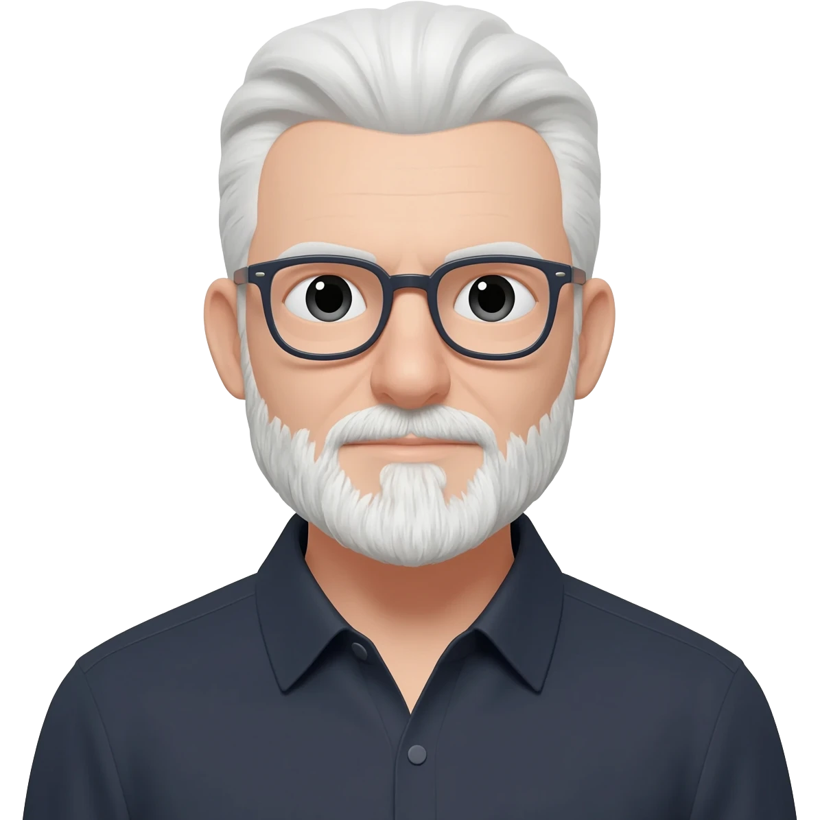 white guy with white hair and beard dark rimmed glasses dark shirt emoji