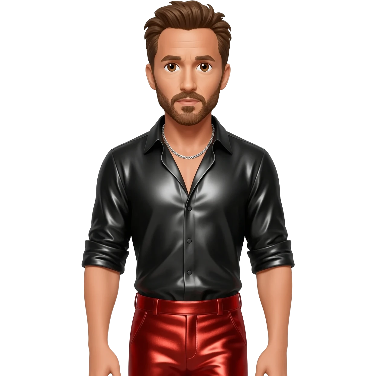 Ryan Reynolds with brown eyes, brown hair, black metallic shirt, red metallic baggy pants, silver necklace emoji