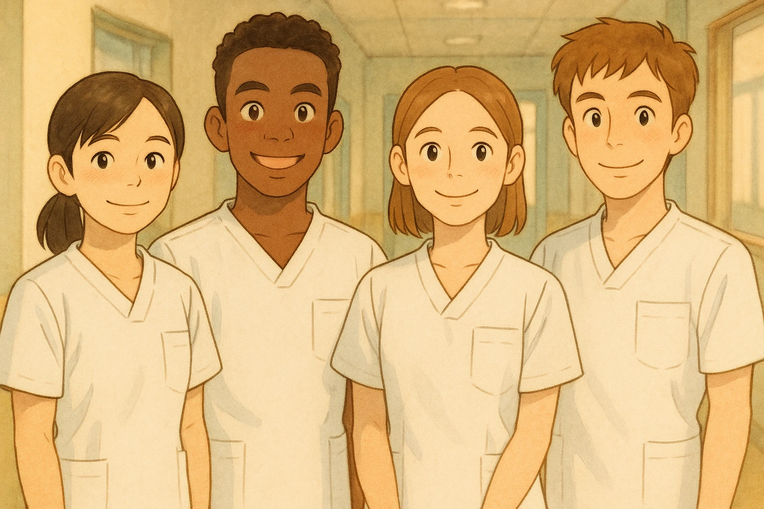 Four nursing students standing side by side, inspired by the faces from provided photos, in a warm Ghibli style. They wear white short-sleeved medical tunics with V-neck collars and left chest pockets, made of light fabrics suitable for hospital or school environments. Friendly atmosphere, soft background evoking a hospital or school setting, no visible underwear or stethoscopes. emoji