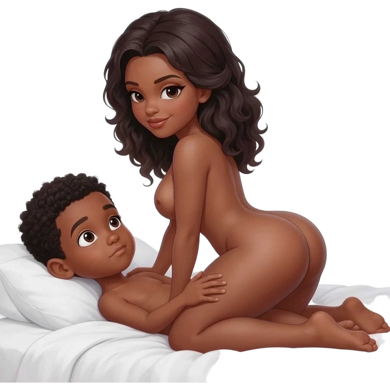 Very tall sexy african pedo girl with big massiv thighs and ass and massive boobs naked   beeing intimate sexual in bed with a small african young boy emoji