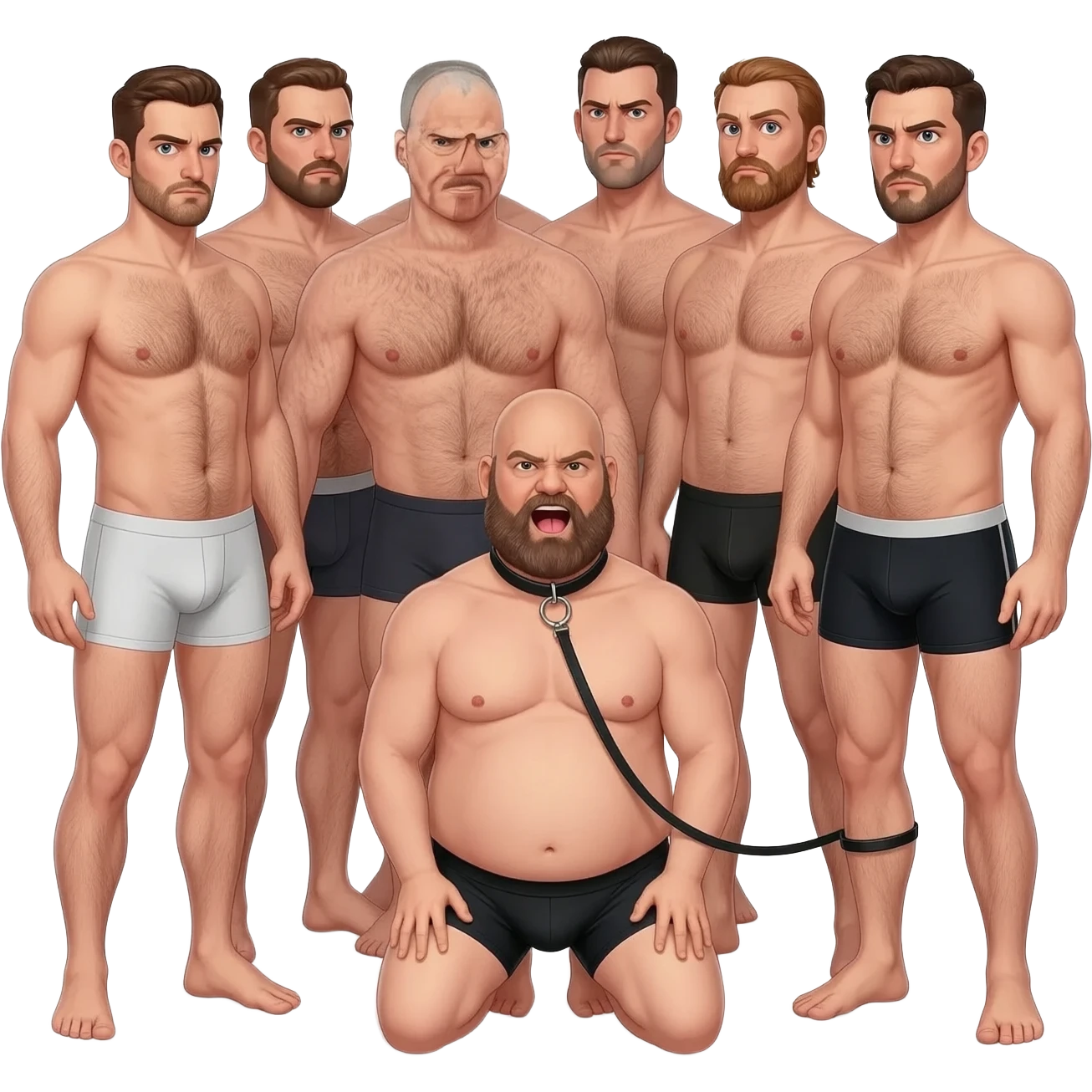 A group of mean looking shirtless hairy chested men in underwear and surrounding a chubby bald bearded aroused guy in underwear looking up at the men with mouth wide open and tongue out on his hands and knees wearing a collar and leash held by one man realistic style emoji