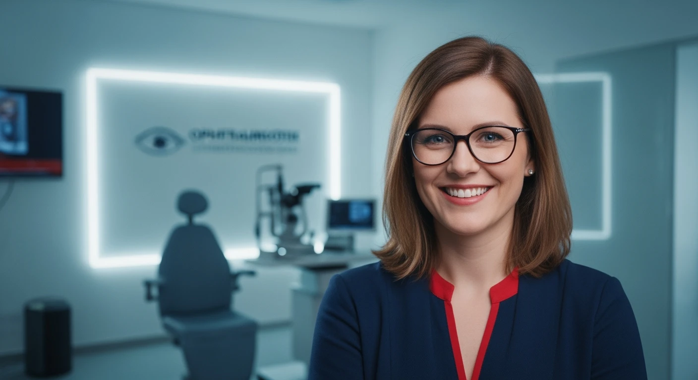Cinematic still, Proffesional advertising of a smiling european white woman with glasses smiling, minimalistic ophthalmologist interior in background, leading  lines, "rule of thirds", 60/30/10 colors, soft light, blue and red emoji