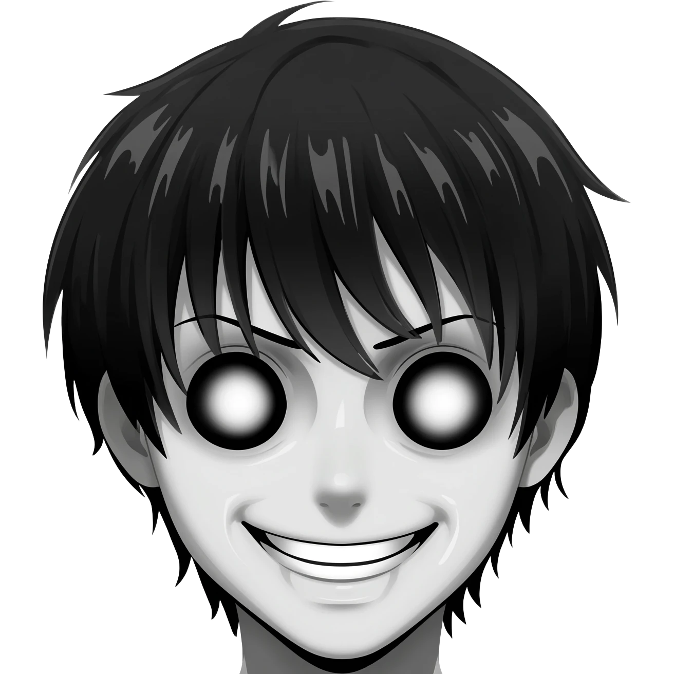 generate a black and white scary anime smile in 112 x 112 format with a transparent background emoji