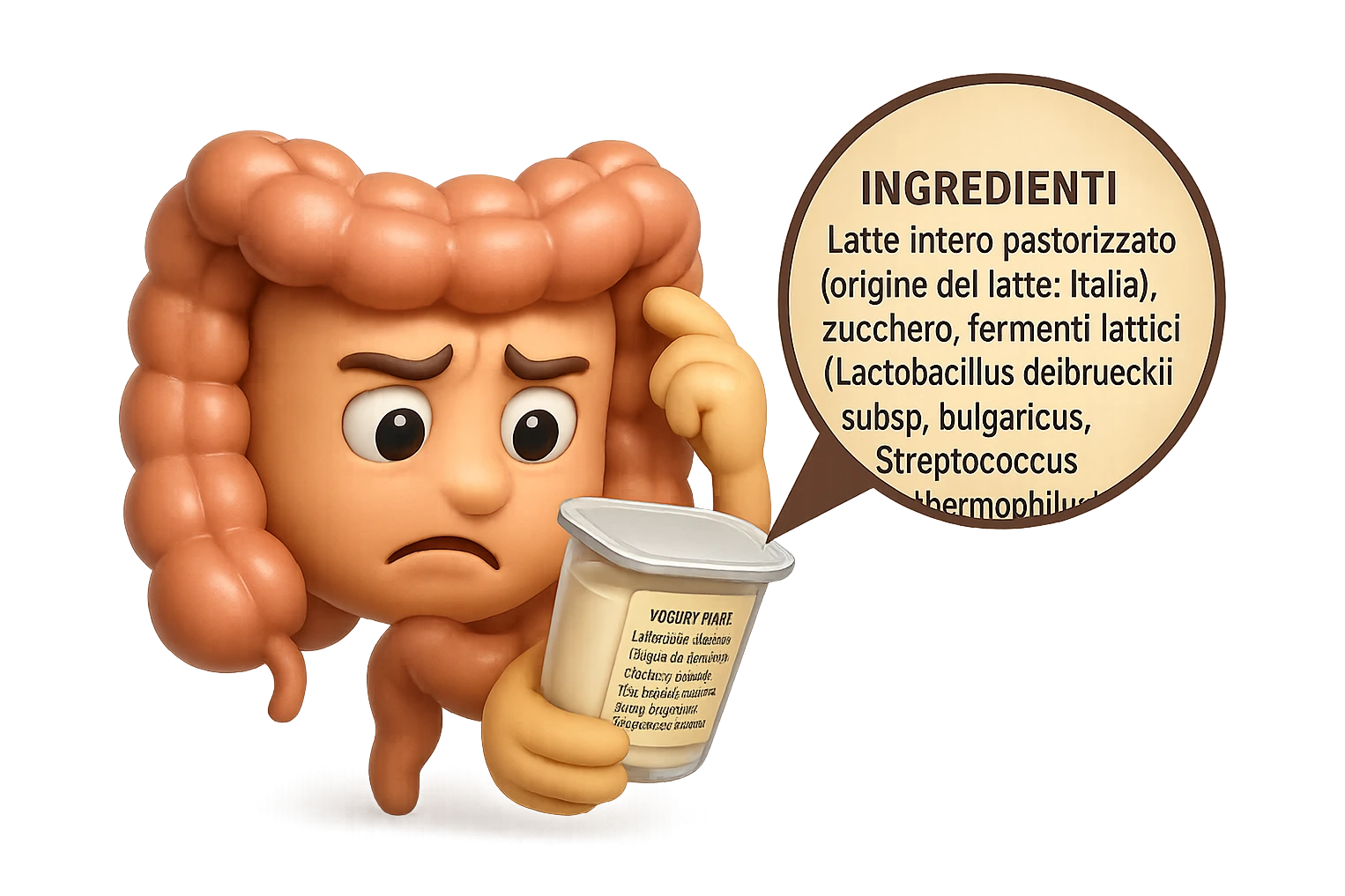 EMOJI STILE IPHONE 3D DI UN INTESTINO CHE HA IN MANO UN BARATTOLO DI YOGURT CONFEZIONATO DA SUPERMERCATO E LEGGE L'ETICHETTA NUTRIZIONALE CON GLI INGREDIENTI IN ITALIANO, ACCANTO ALLO YOGURT CHE HA IN MANO C'è UN FOCUS SULL'ETICHETTA CON GLI INGREDIENTI SCRITTI, FAGLI UN ESPRESSIONE CONFUSA MENTRE LEGGE E FALLO MOLTO REALISTICO IN 3D emoji