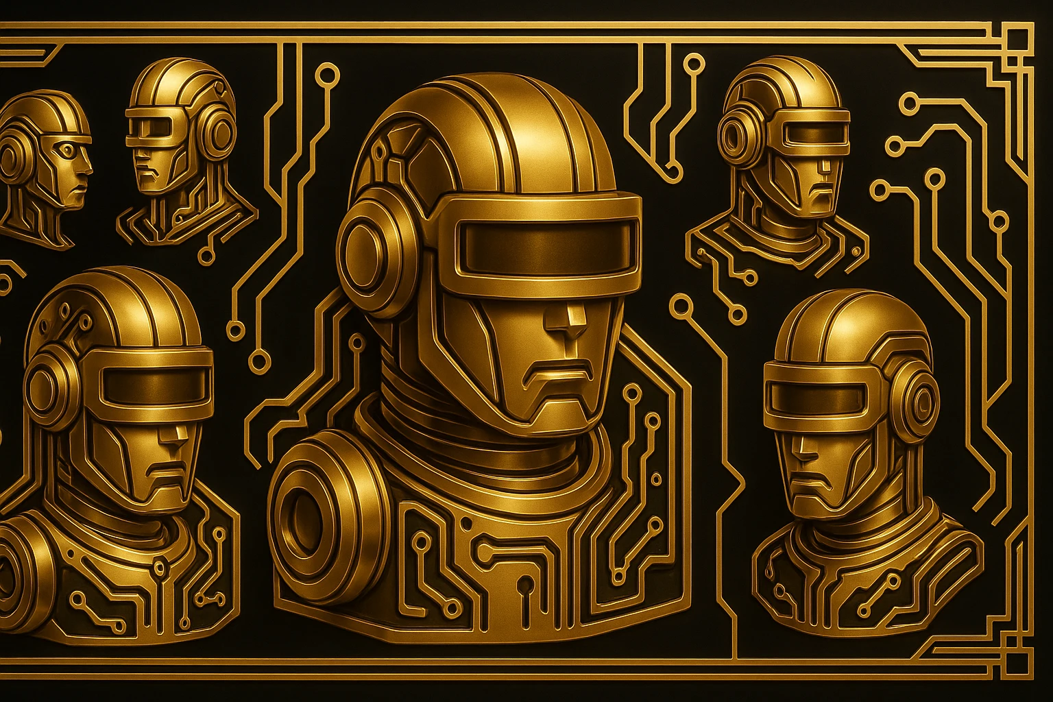 Create a 3.5:1 ratio art deco banner featuring the gold and black robot logo with stylized circuitry. Include multiple variations of the robot's head, arranged in a visually balanced way. No text, streamlined forms, bold outlines, elegant art deco details. emoji