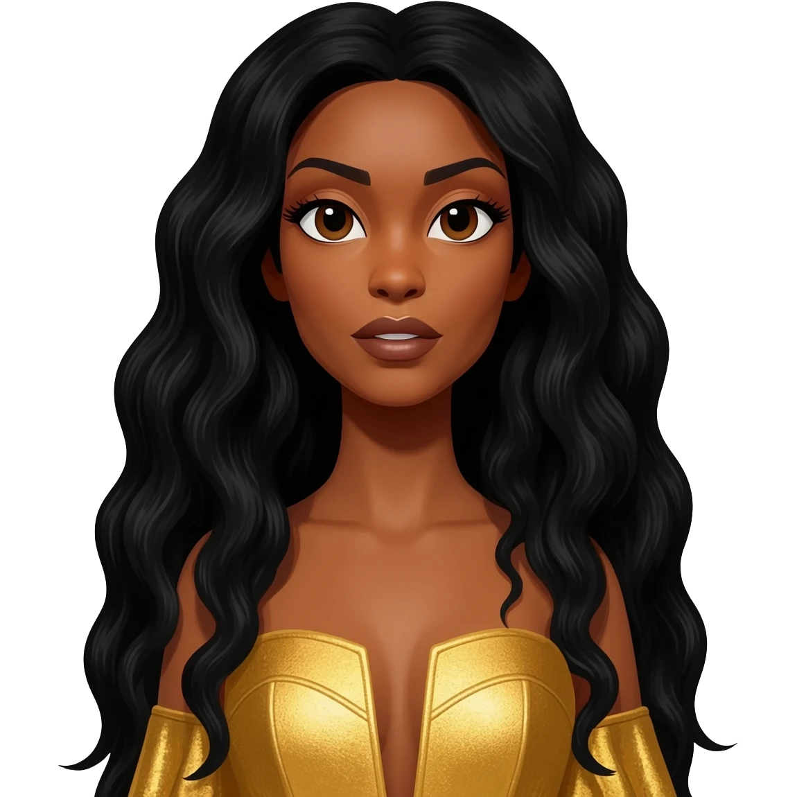 Solange with long black hair, gold outfit emoji