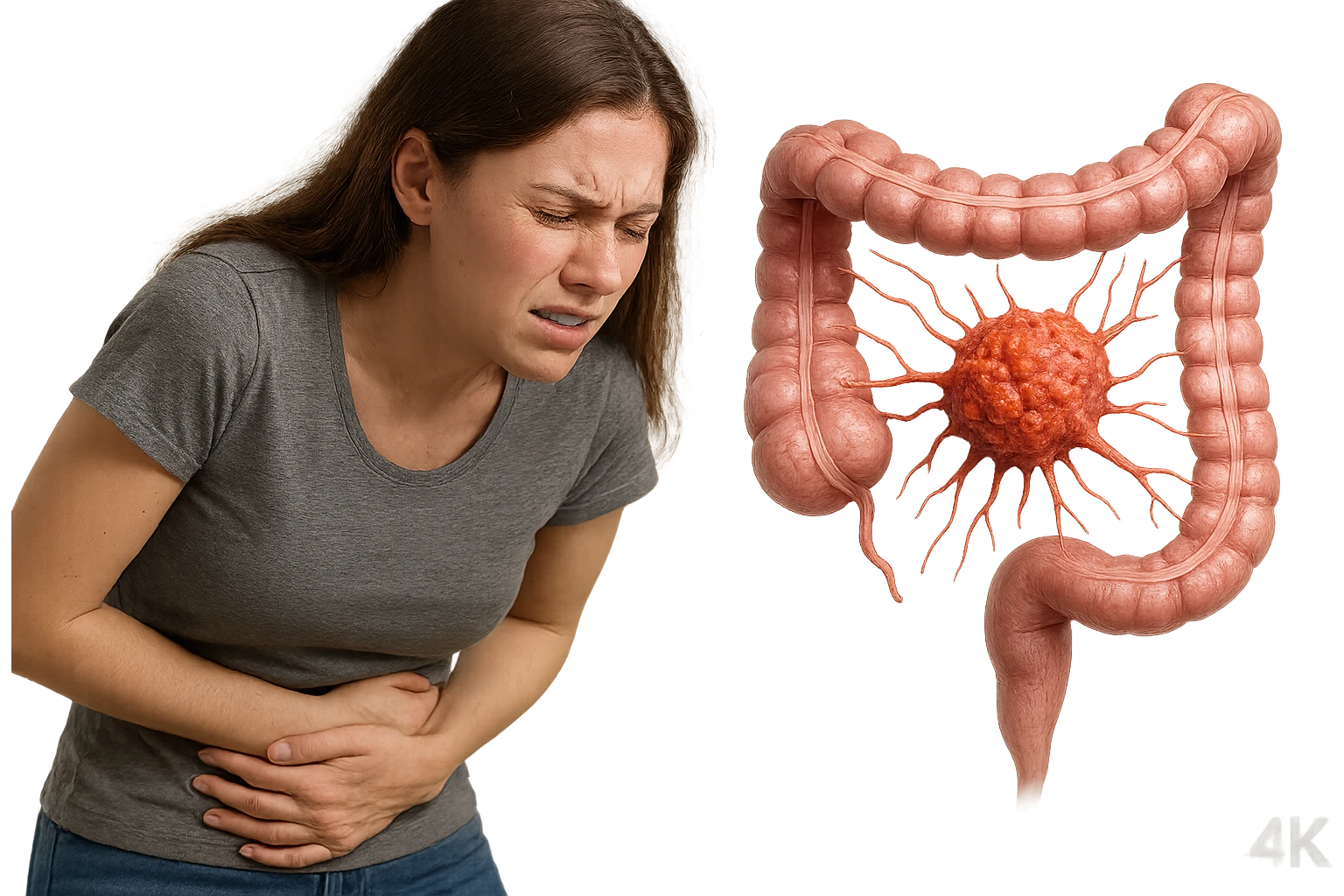 donna giovane piegata in avanti con mal di pancia e cellula tumorale che danneggia il colon, iperrealistica 4k emoji