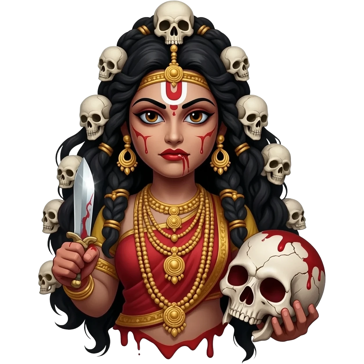 traditional bloodied Kali with skulls, holding severed head, sword emoji