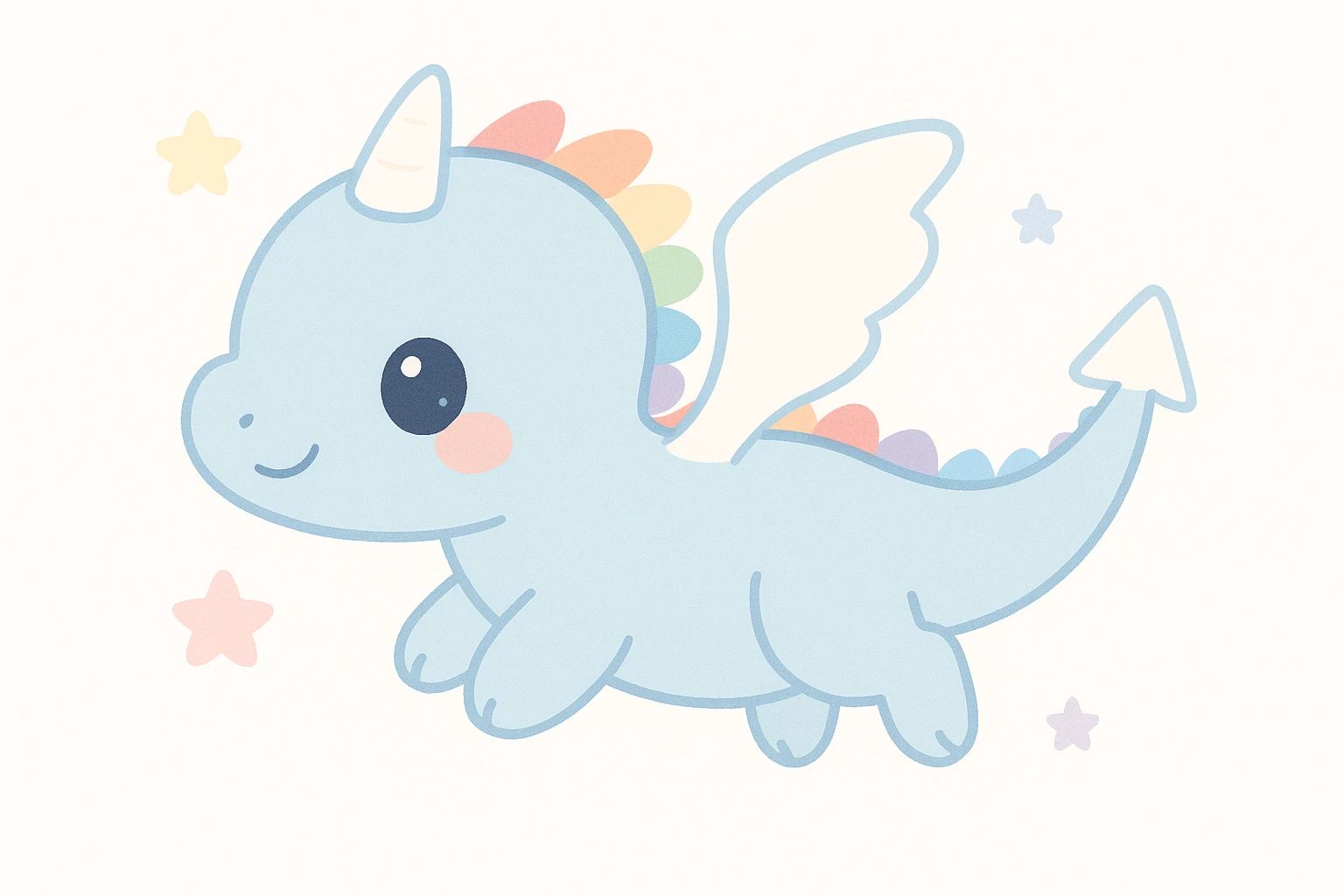 cute baby blue dragon with light blue body, big white wings, white horn, tail with white triangle tip, flying in side view, big eyes, small size, dragon ridge along back with small ridges in rainbow order: red, orange, yellow, green, blue, purple, ending at start of tail emoji