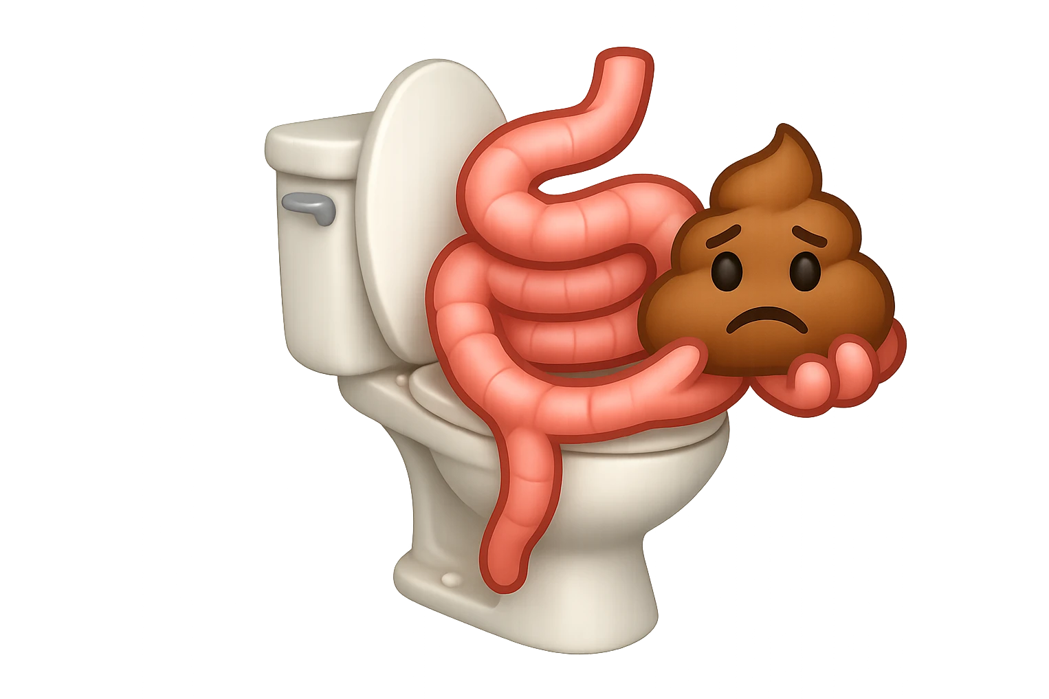 emoji stile iphone di un intestino che esce dal wc con in mano una montagnetta di feci con espressione triste a palline emoji
