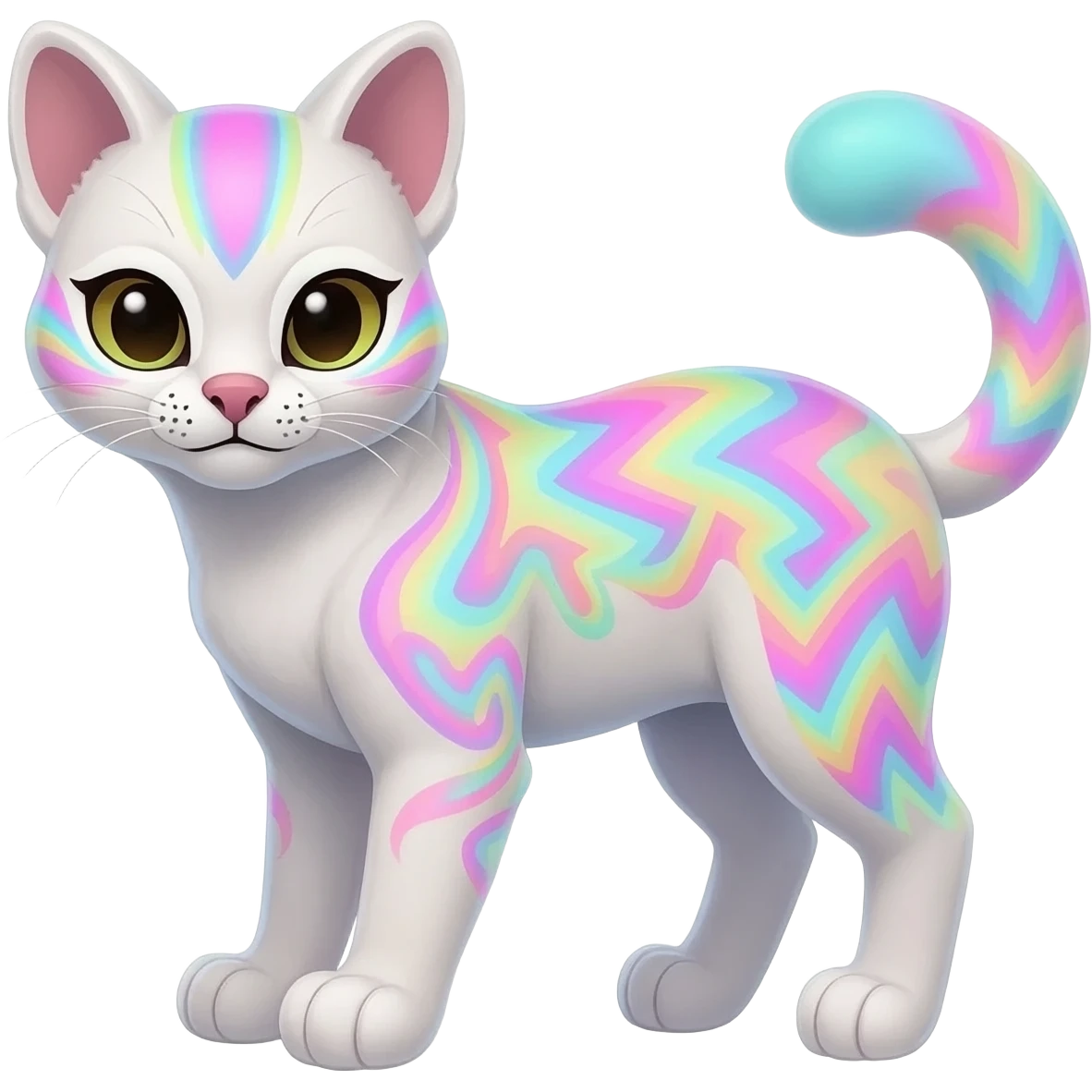 Realistic Colorful pale light fruity pastel white glorious iridescent exotic albino neon vibrant zigzagged fantasy-caracal-civet-genet-sergal-vernid-Gryphon-Cacomistle-Trico-oncilla-animal-Fakémon-hybrid-fursona (full body), facial markings, (realism style) emoji