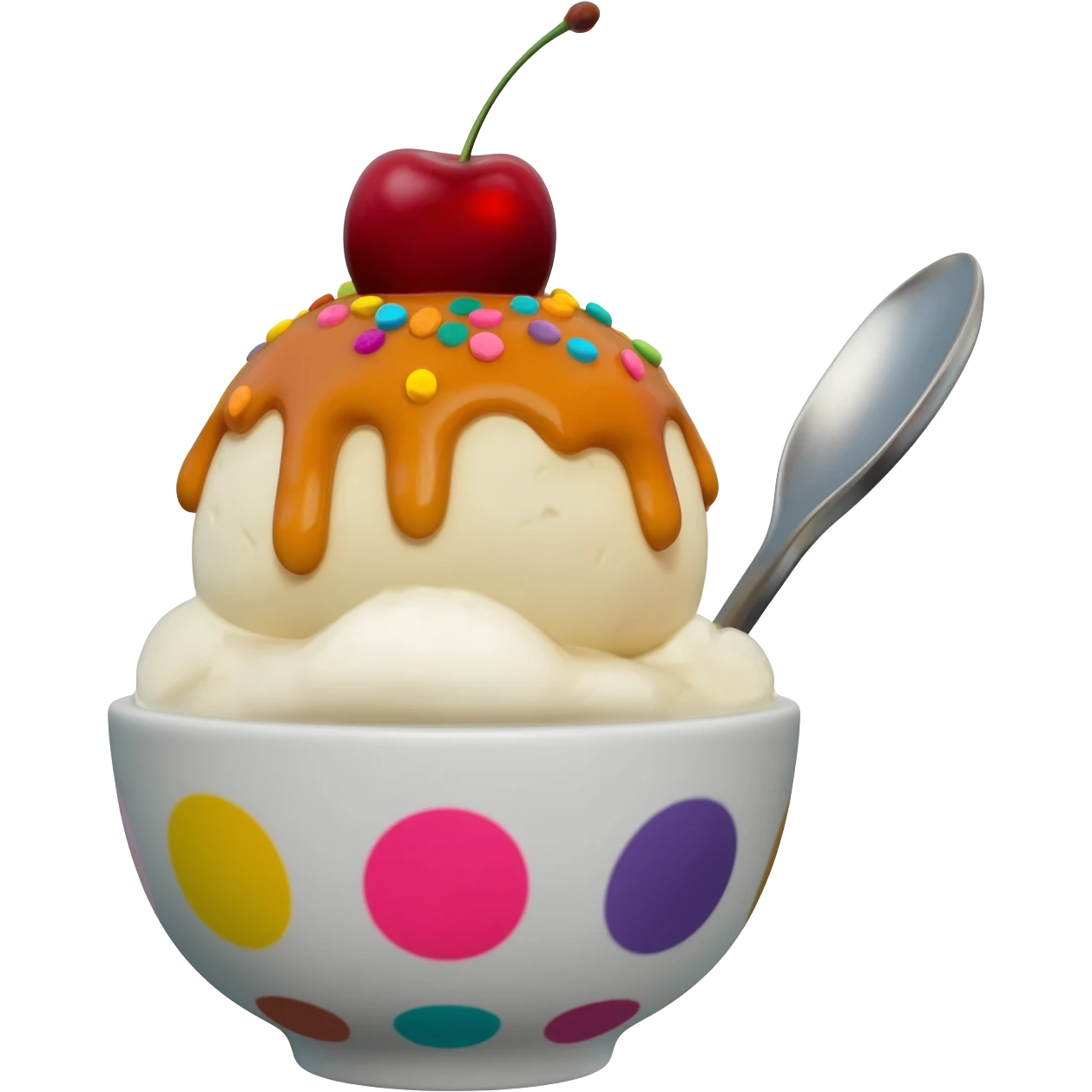Hyperrealistic ice-cream sundae with caramel sauce, colorful and sparkly sprinkles,  with a cherry on top, in a plauful patterrned bowl and silver spoon, extremely detailed, high quality, isolated, 3D rendering, 8k hd, 600 dpi. No emoji icons, no emoji faces, no human figures  emoji