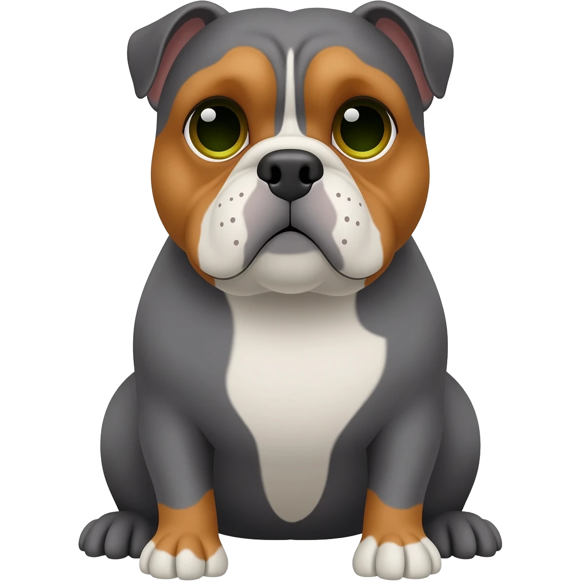 senior gray English bulldog, with caramel details in eyebrows, white details in face, white chest, sitting in his paws. eyes are green/honey color emoji