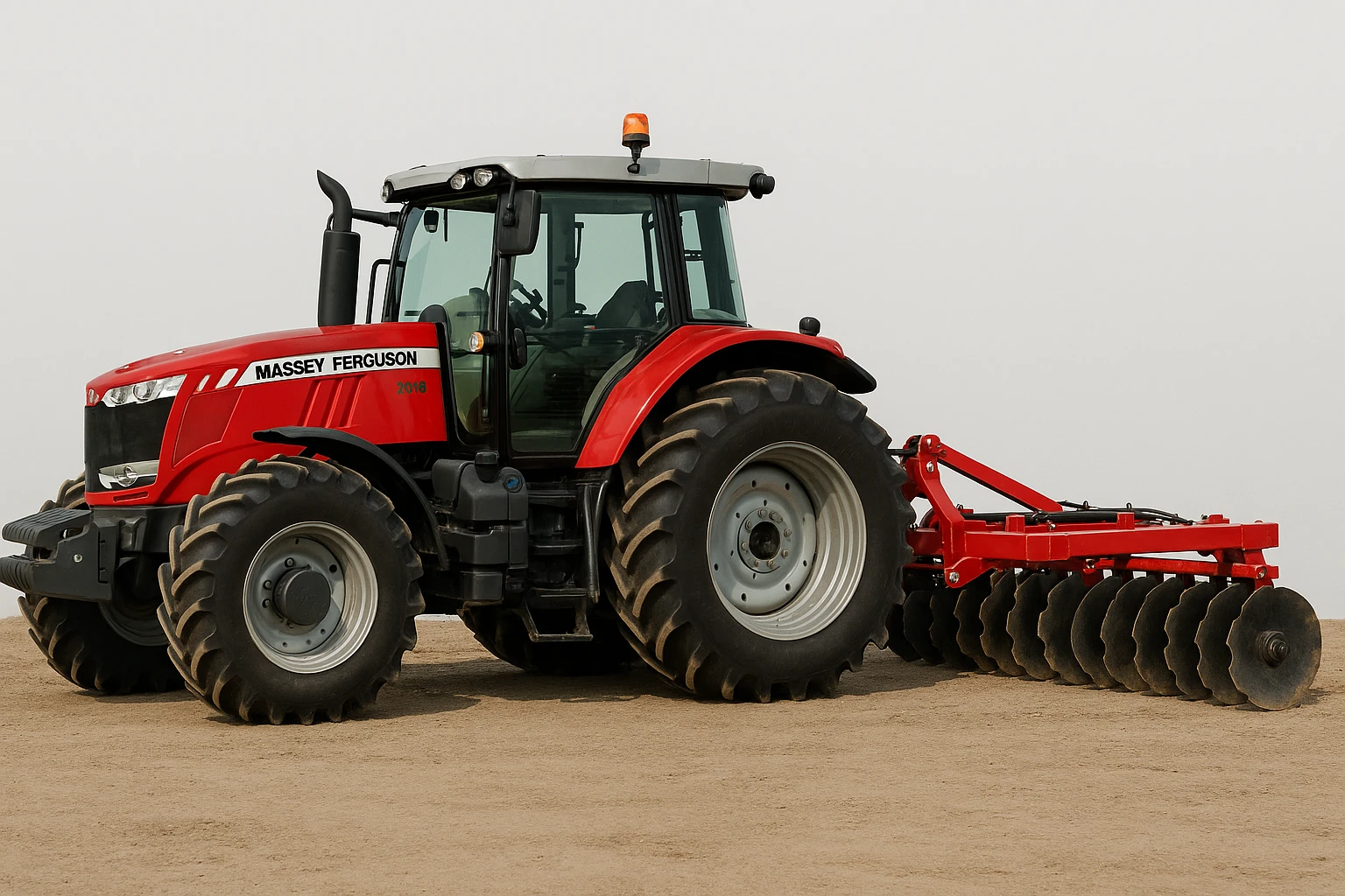 A red Massey Ferguson tractor with a Disc Harrow implement, agricultural machinery, clear and sharp, minimal background. emoji
