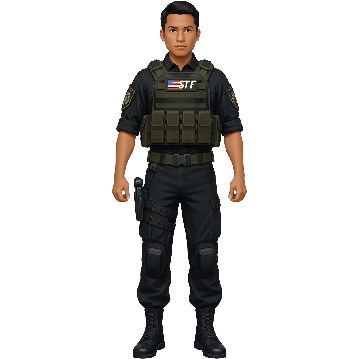 Filipino man STF SPECIAL TACTICS FORCE OUTFIT BLACK FATIGUE AND COMBAT BOOTS PLATE CARRIER AND HOLSTER emoji
