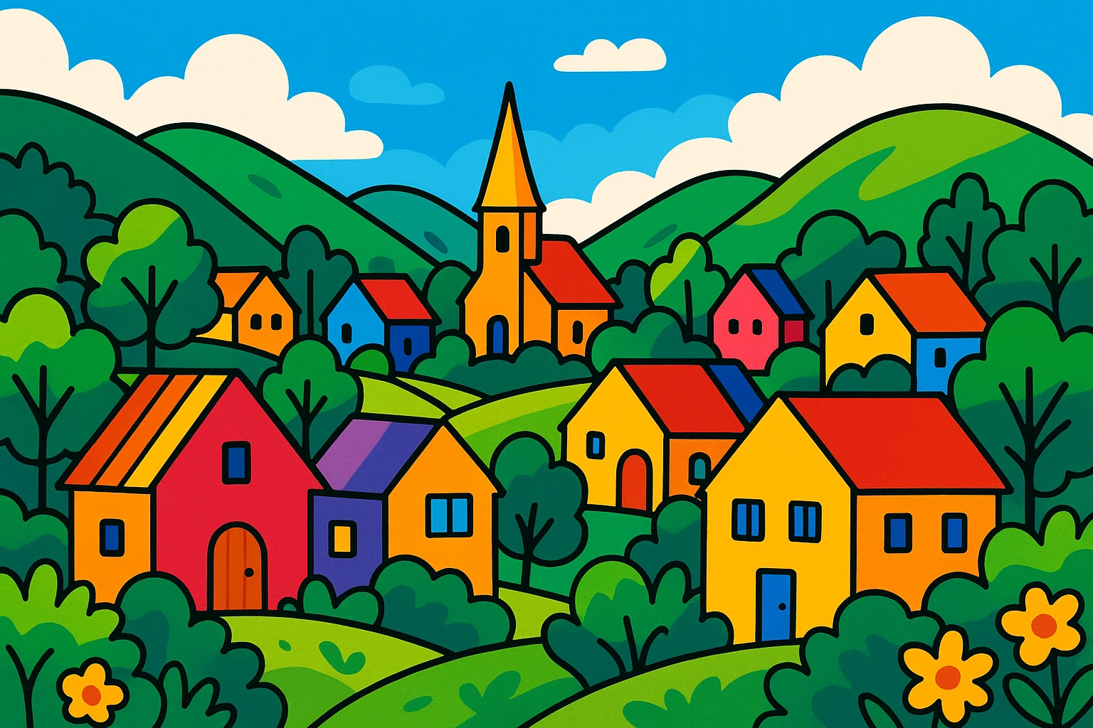 a peaceful village in a lush valley, vibrant toon style emoji