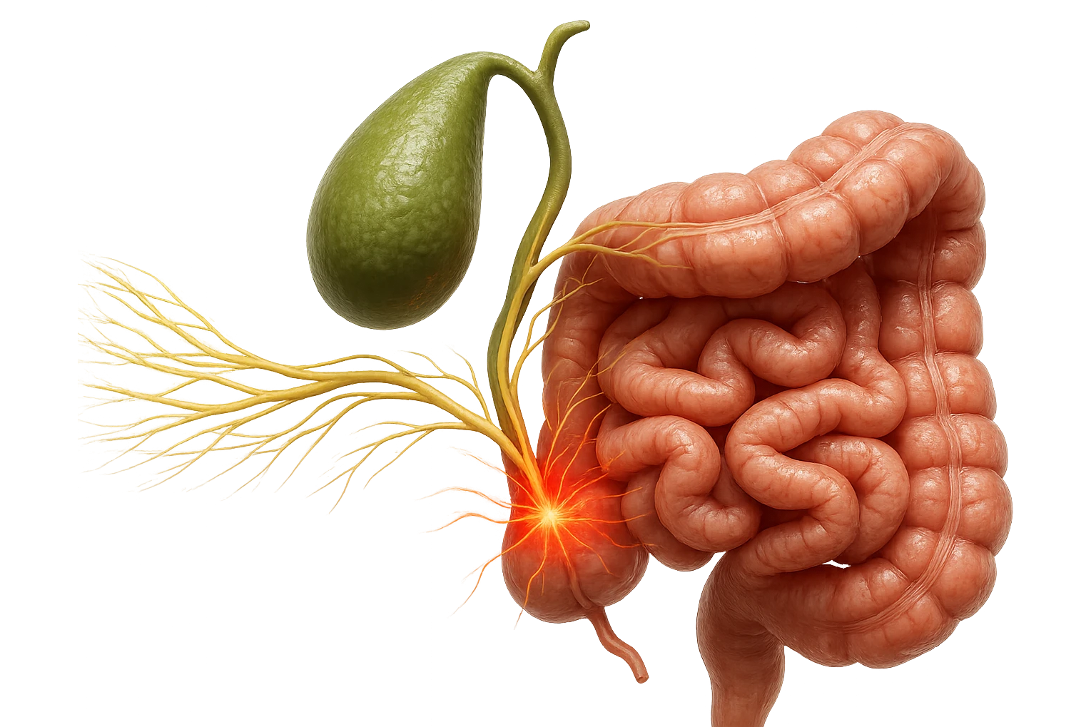 CISTIFELLEA E INTESTINO SONO COLLEGATI NEL DOLORE, iperrealistico 4k emoji