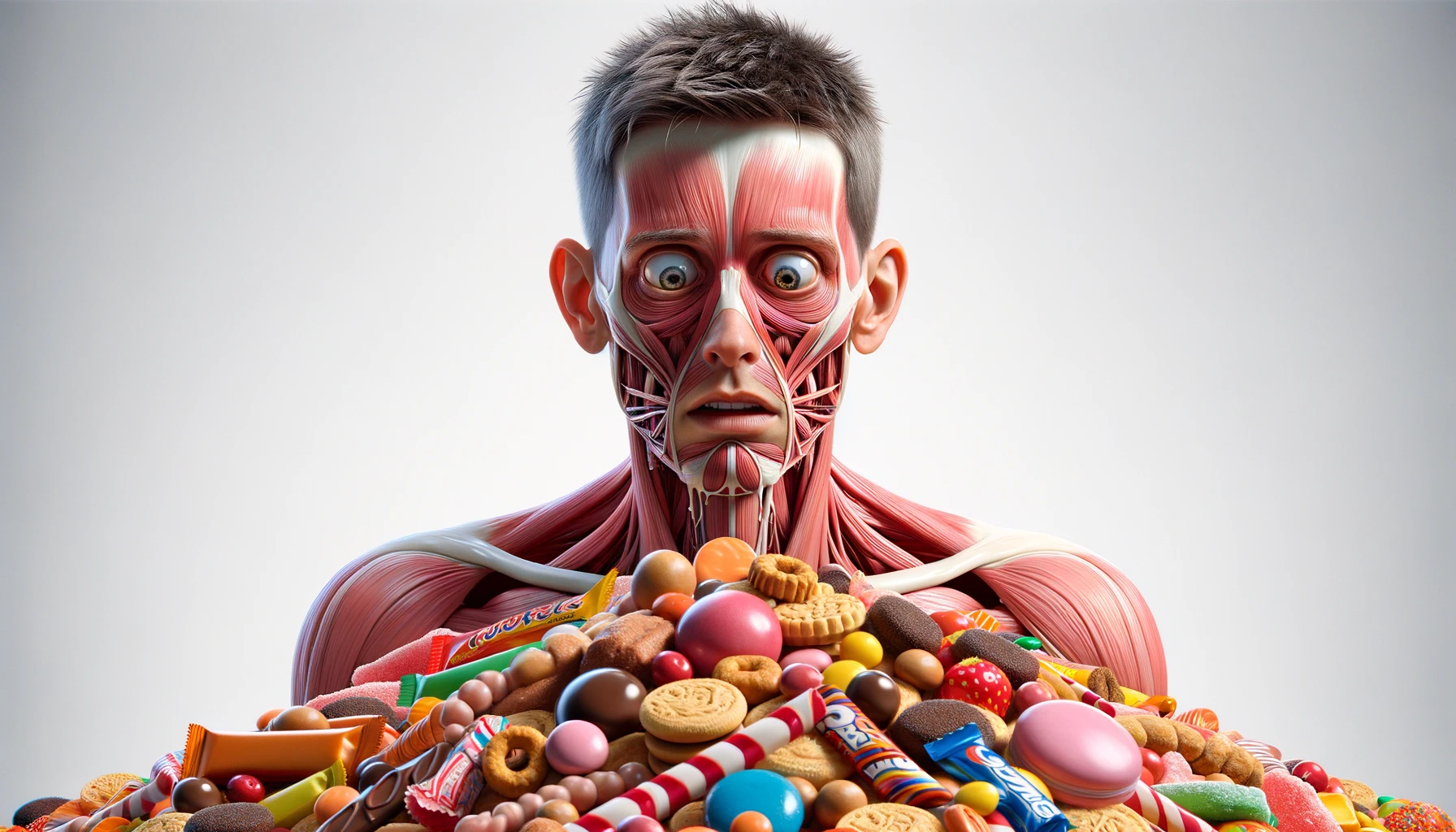 corpo umano anatomico con capelli corti che guarda una montagna di dolci e junk food davanti a lui con  gli occhi sbarrati e l'espressione nervosa perché li desidera, visto dall'alto, iperrealistica 4k, isolato su sfondo bianco emoji