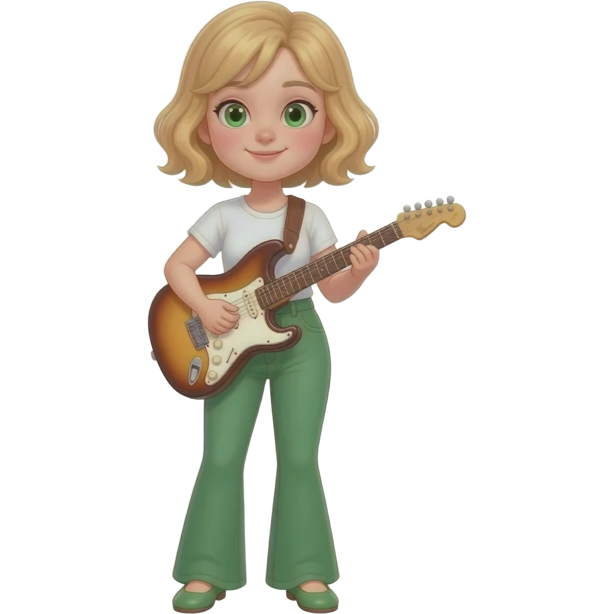 Young white girl with short chin length wavy blonde hair and green eyes.  She is short and chubby.  She is wearing flared green pants, flat shoes and a white T-shirt. She is playing a guitar. emoji
