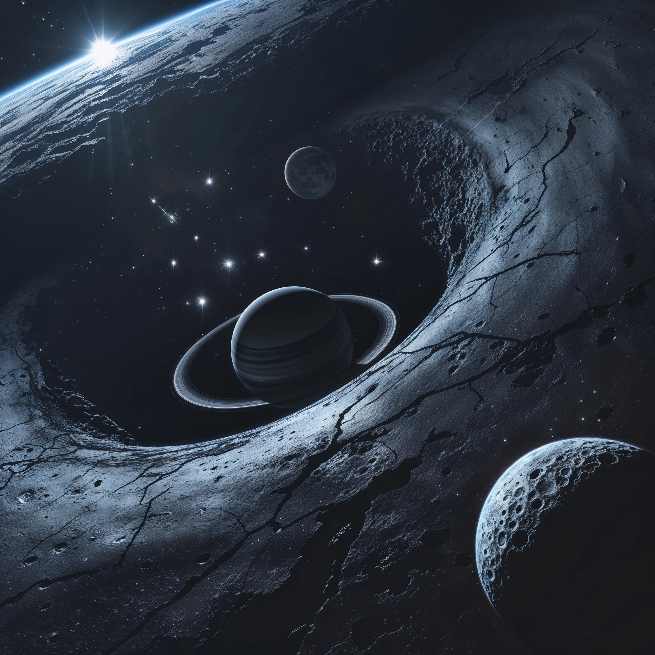 dark cosmic region orbiting black hole. No sunlight. twisted planets and moons circling in quite. Monde Noir looms in the foreground — a cracked, obsidian planet with no atmosphere. moon, Oblieth, nearby, pitted. Stars are distorted by gravitational lensing. emoji