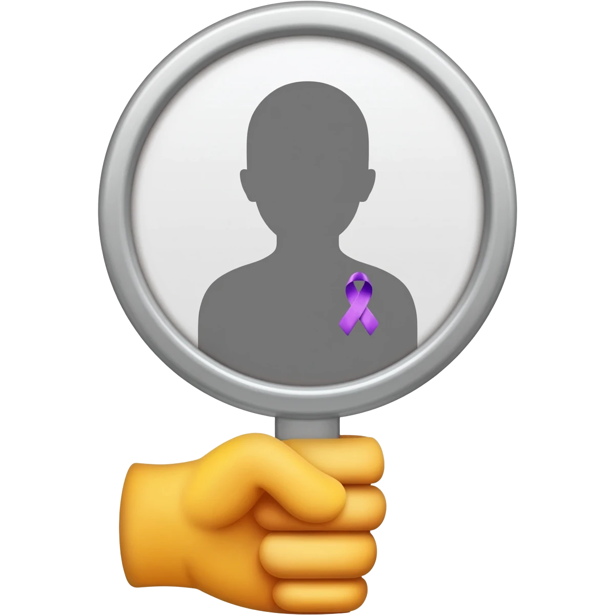 Apple iOS–style 3D emoji: round silver mirror in a hand, front view. In reflection, neutral silhouette with little violet awareness ribbon (classic looped cause-support ribbon) on chest, only visible in reflection. White background, soft shadow. emoji