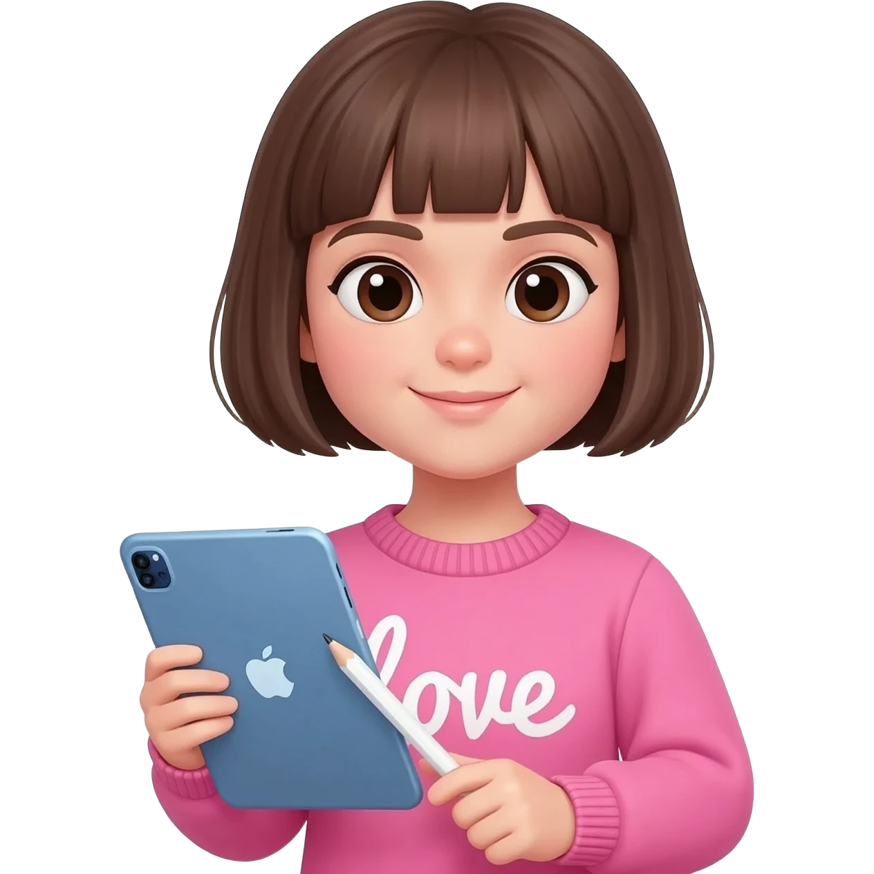 Sans frange l’iPad et grand une fille avec un coupe carré brun lisse avec un pull rose  écrit dessus love et un iPad bleu en main et un Apple Pencil blanc emoji