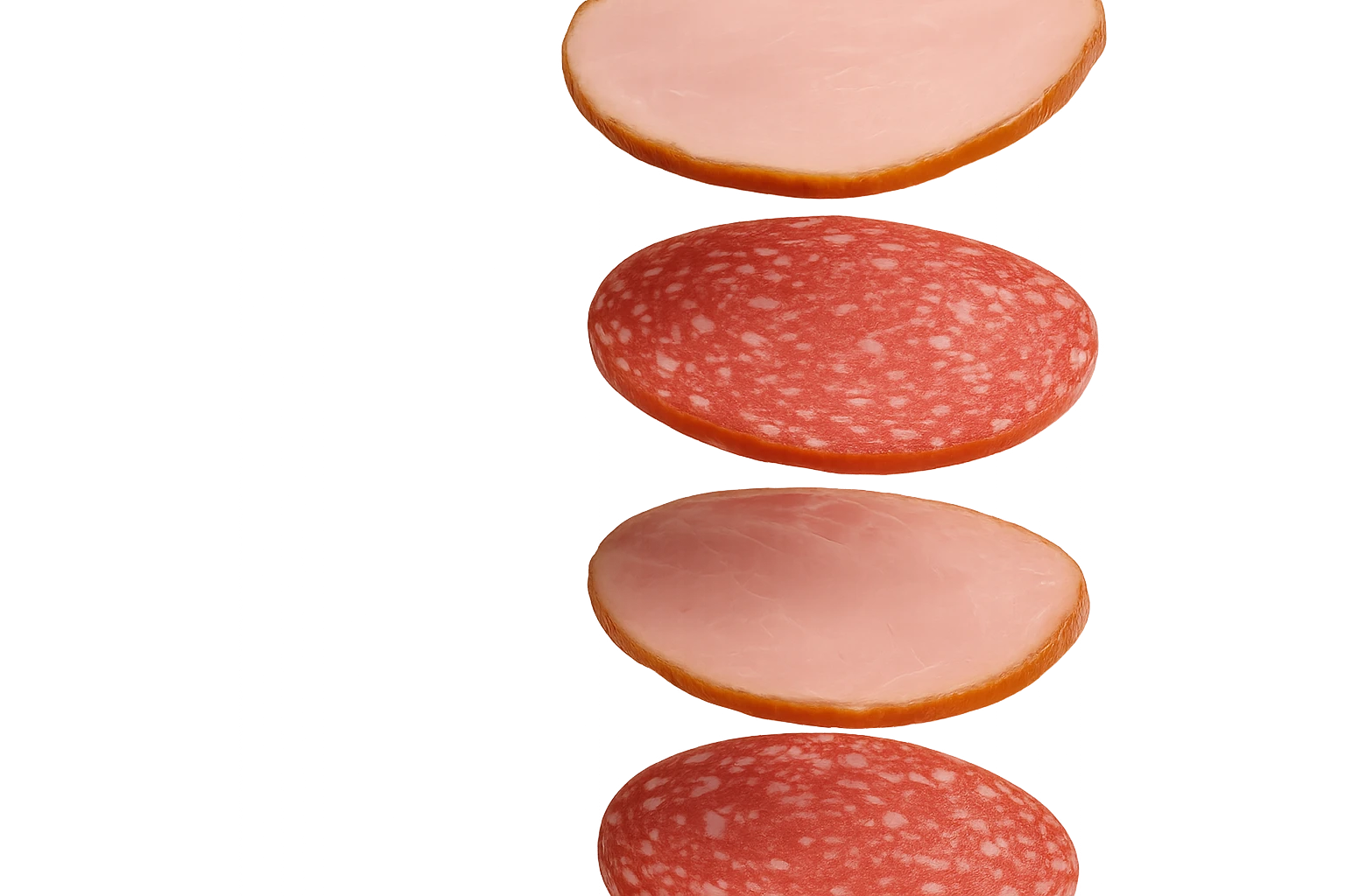 fettine di prosciutto cotto e di salame fluttuano in aria verticalmente, IPERREALISTICA 4K emoji